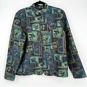 Coldwater Creek Tapestry Patchwork Floral Blue & Green Zip Blazer